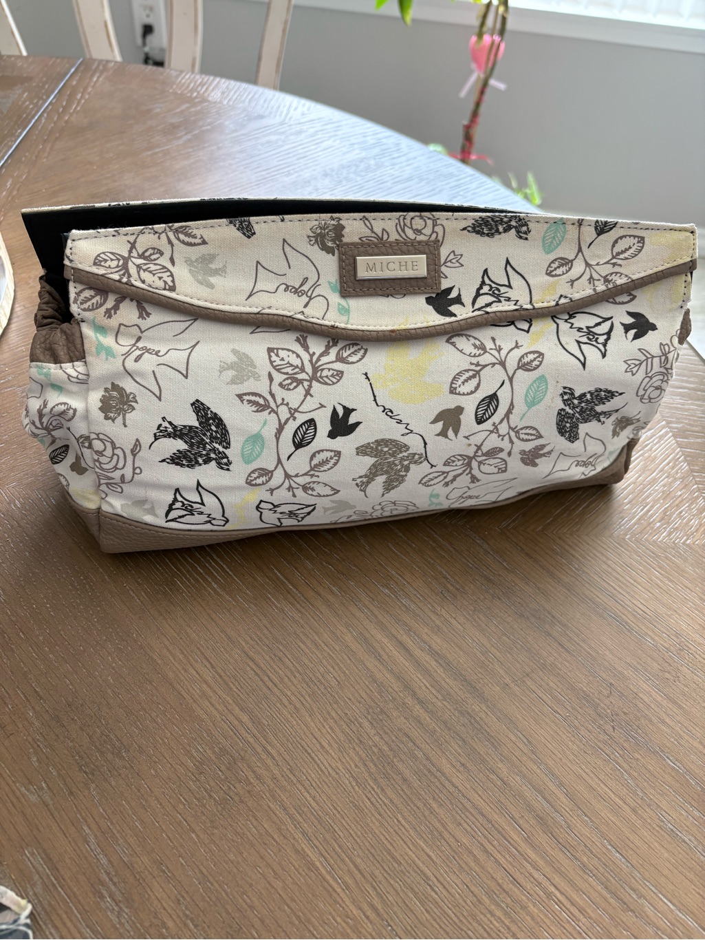 Miche Floral Bird Print Clutch In Cream With Taupe Trim And Mint Accents